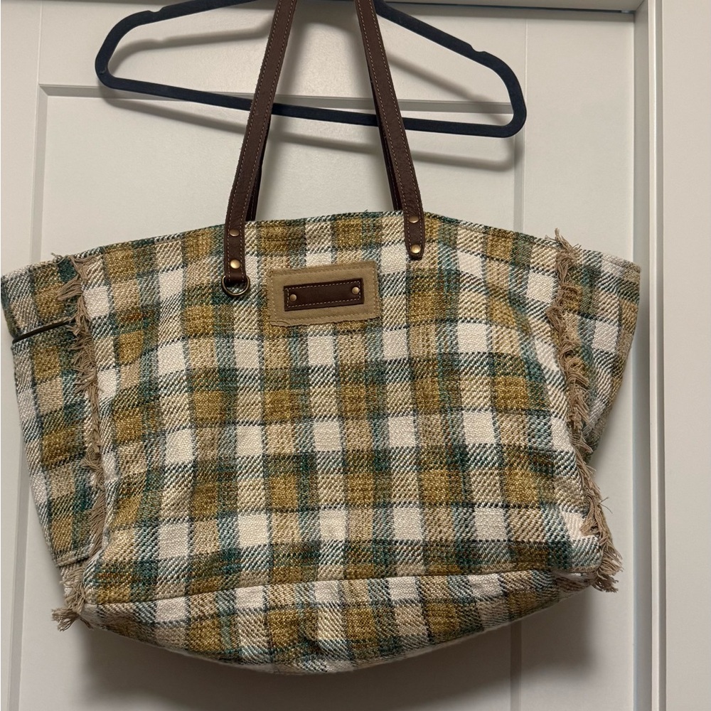 Myra Bag Checkered Tote with Brown Straps